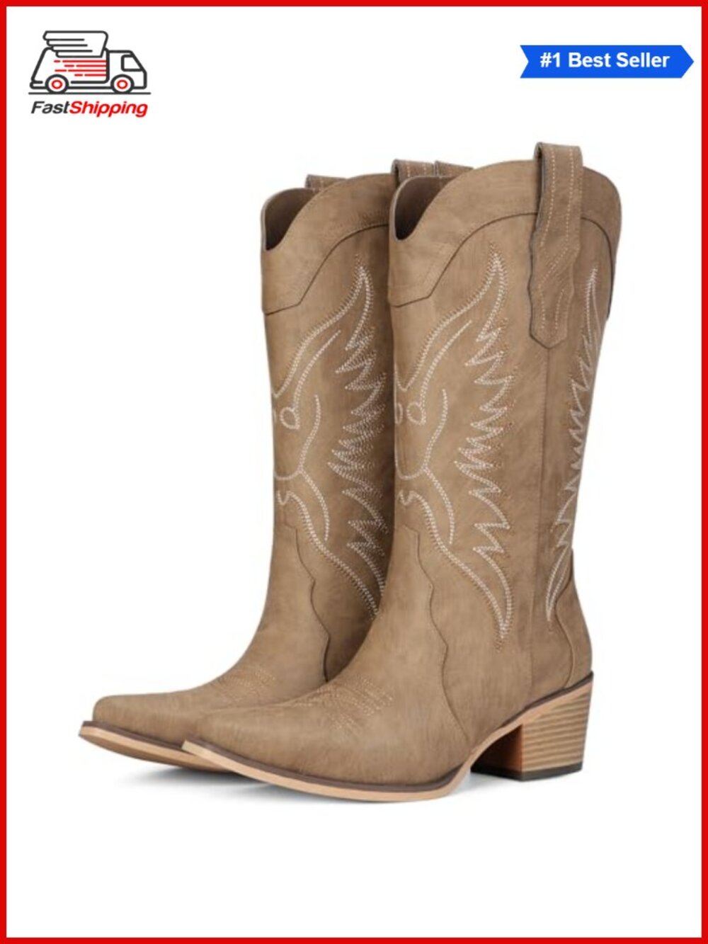 Western Cowboy Boots Women Pointed Toe Mid Calf Chunky Heel Snip Toe Faux